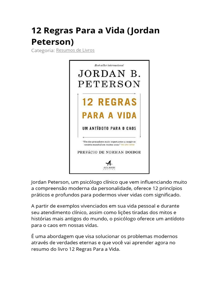 12 Regras para a Vida: Um Antídoto para O Caos