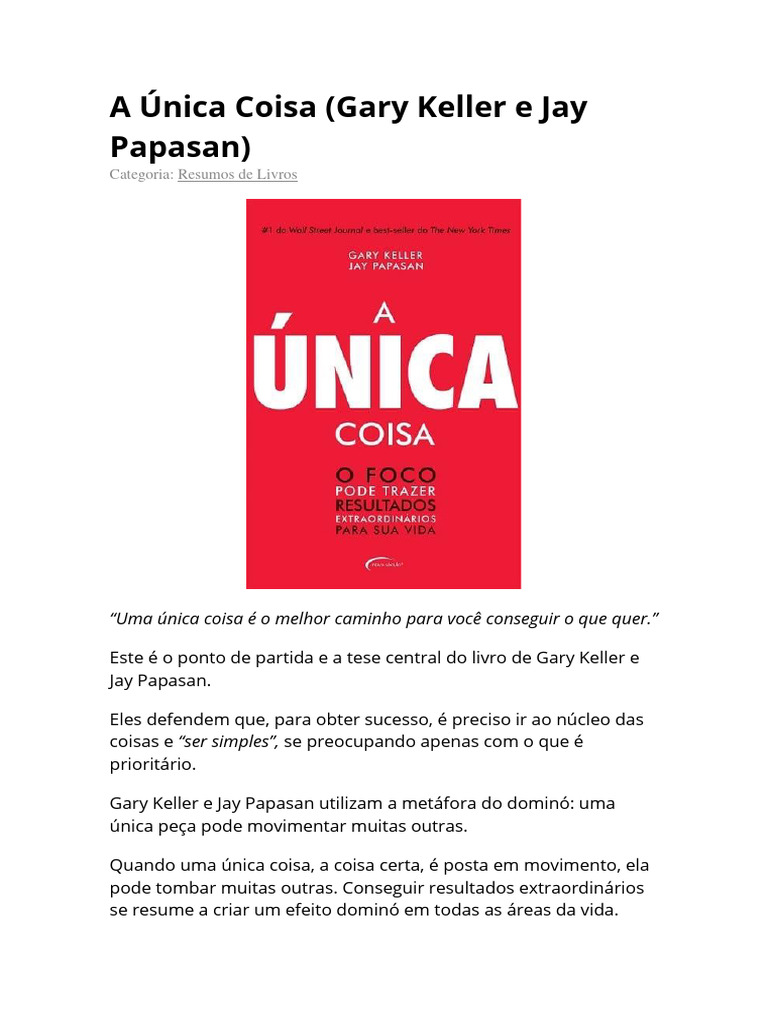 Resumo do Livro "A Única Coisa" | PDF | Tempo | Pensamento