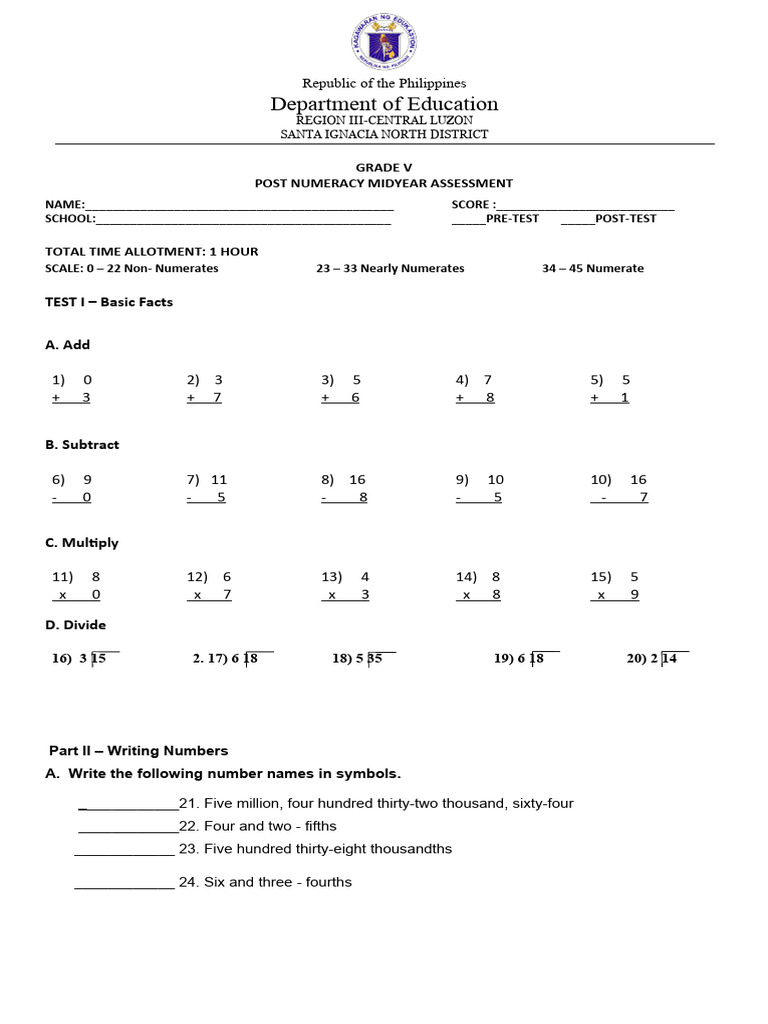Grade 5 Mid-Year Numeracy Assessment | PDF | Mathematics