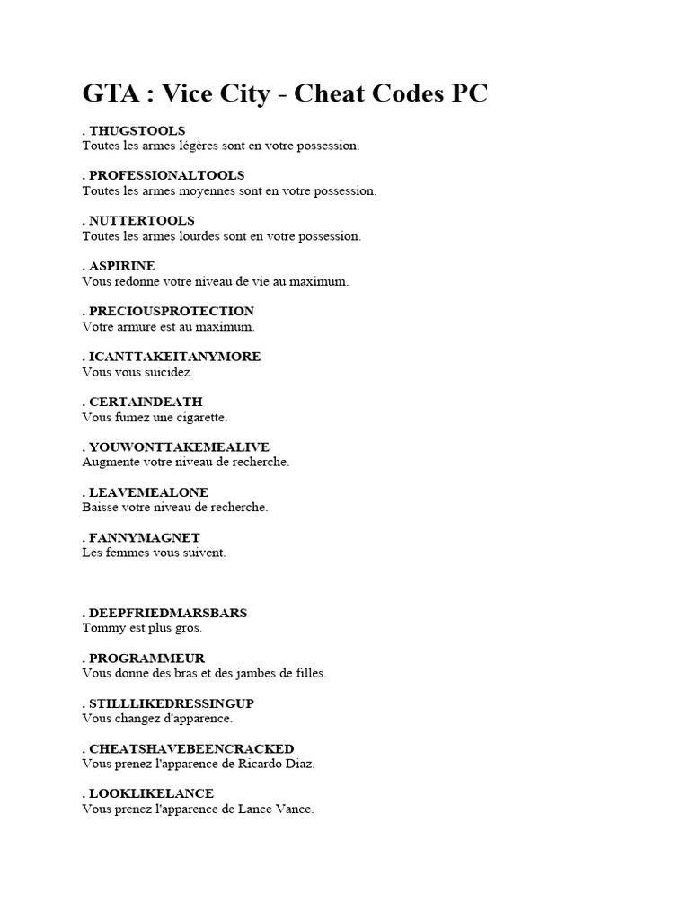 Codes de triche pour GTA Vice City PSP | PDF | Véhicules | Véhicule ...