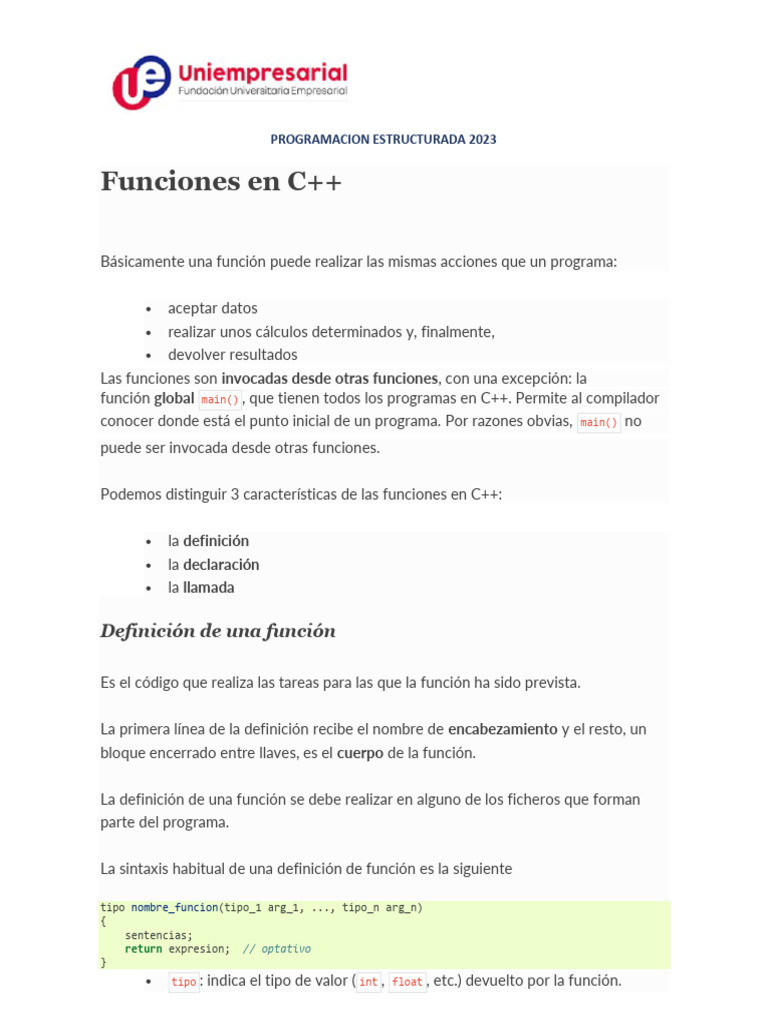 Funciones en C++: Definición y Uso | PDF | C ++ | Lenguaje de programación