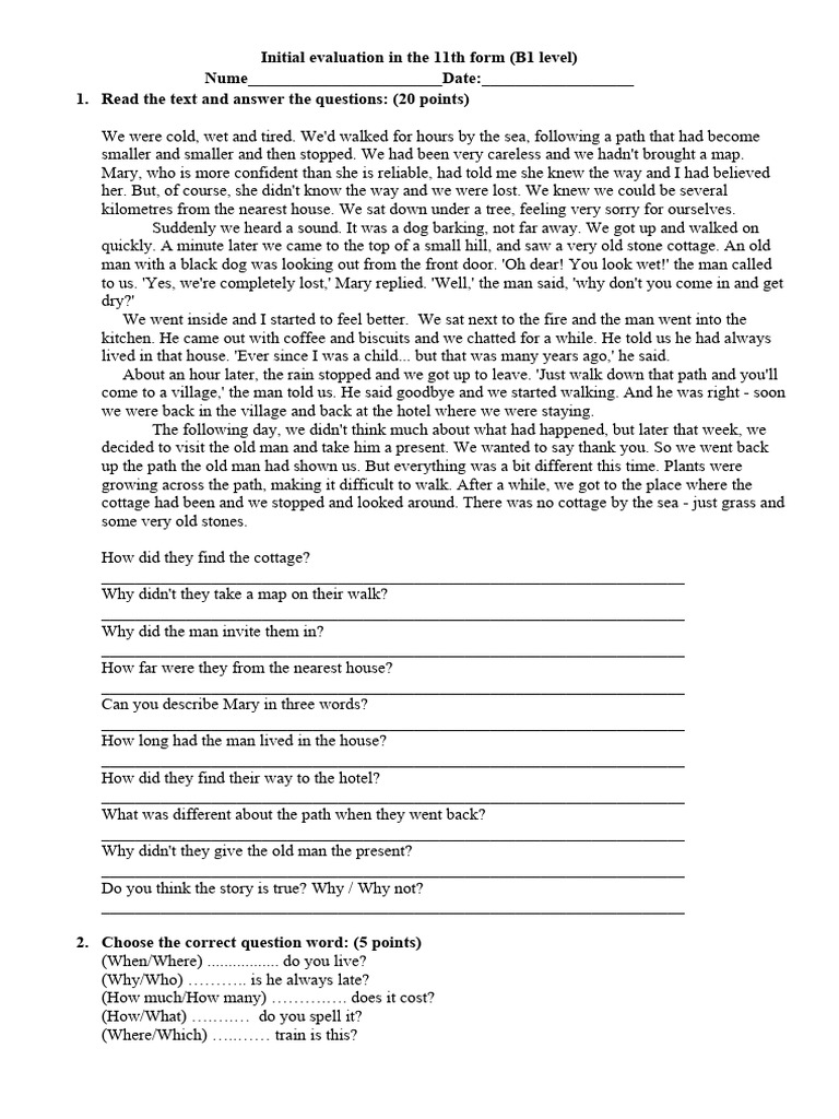 Initial Evaluation in The 11th Form B1 Level | PDF