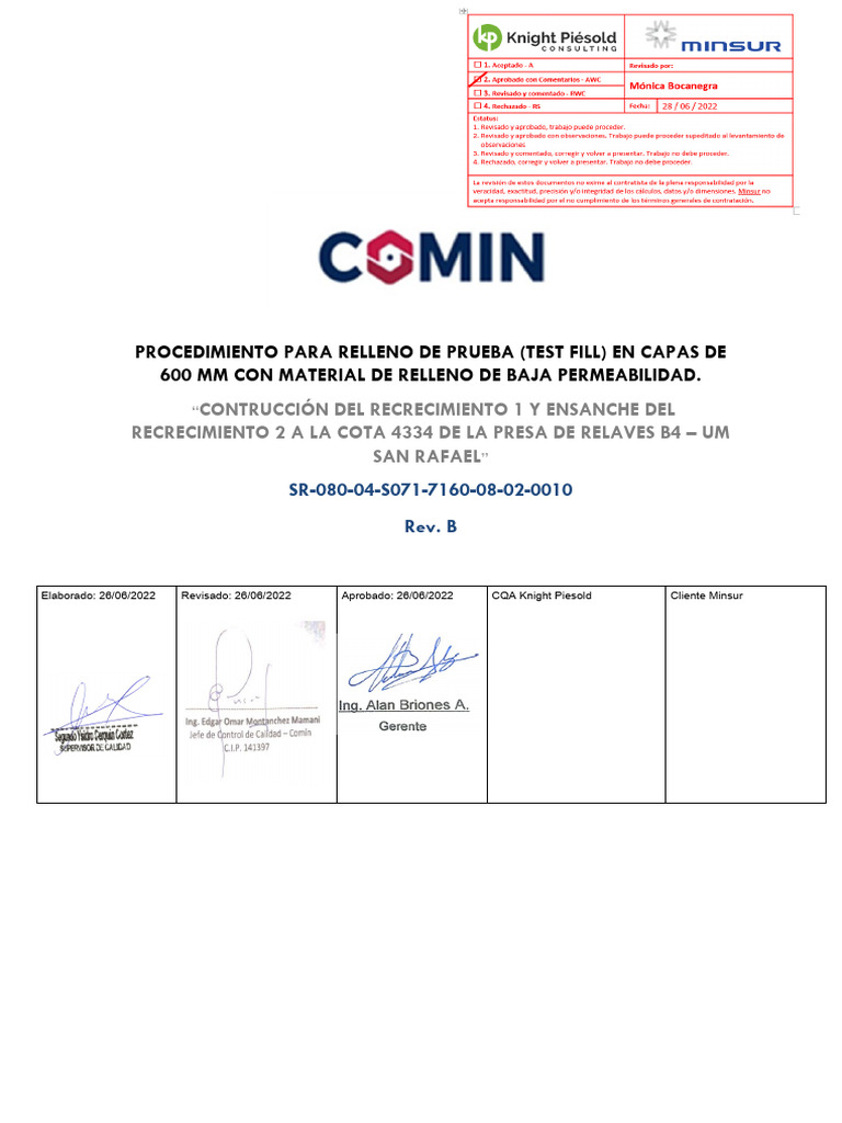 Procedimiento para Relleno de Prueba (Test Fill) en Capas de 600 MM Con ...