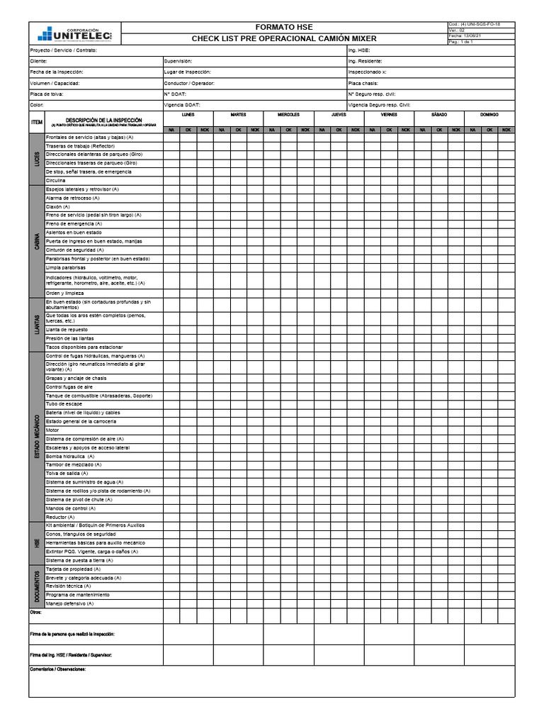 Checklist Pre Operacional Camión Mixer | PDF | Neumático | Vehículos