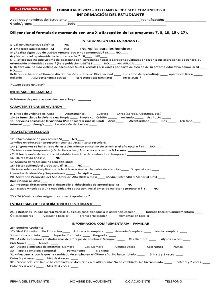 Formulario Estudiantil IEO Llano Verde 2023 | PDF | Educación de la ...
