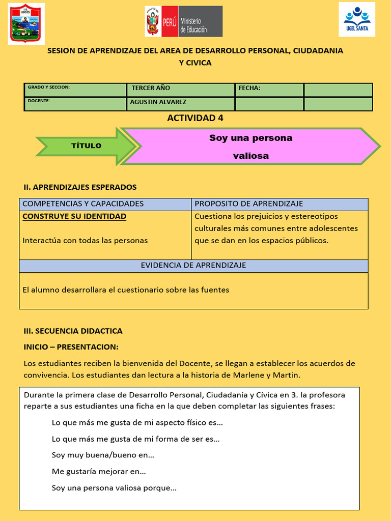 Sesion de Aprendizaje 04 Area de Desarrollo Personal Tercer Año 2022 | PDF