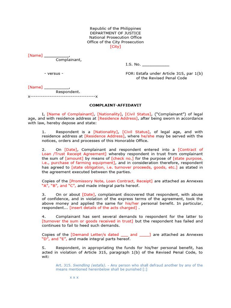 Complaint Affidavit For Estafa by Means of Unfaithfulness or Abuse of