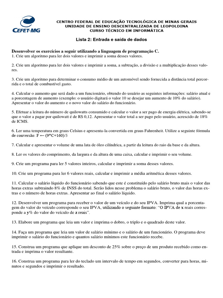 Exercícios de C: Entrada e Saída de Dados | PDF | Algoritmos | Salário