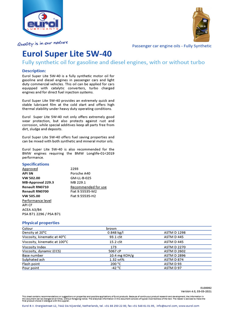 Eurol Super Lite 5W-40 Engine Oil Guide | PDF | Motor Oil | Fuels