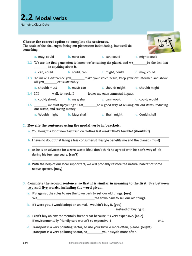 Modal Verbs Exercise for Environmental Awareness | PDF | Linguistics ...