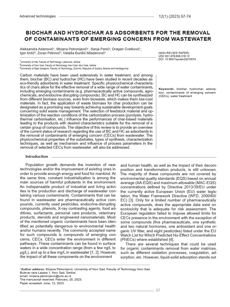 Biochar and Hydrochar for Wastewater Treatment | PDF | Adsorption ...