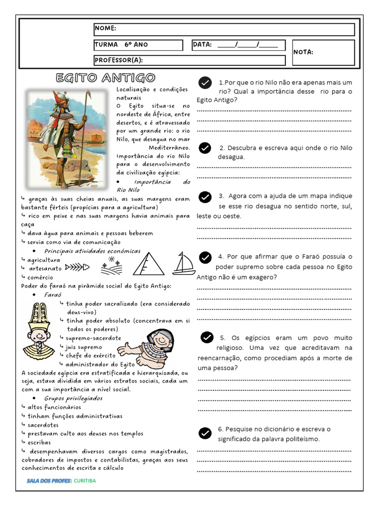 Atividades sobre o Egito Antigo 6º Ano | PDF | Antigo Egito | Egito