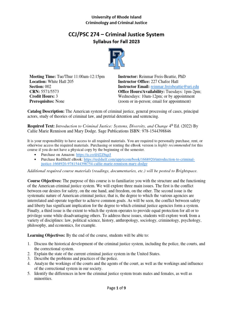 CCJ 274 Criminal Justice Syllabus Fall 2023 | PDF | Plagiarism | Thought