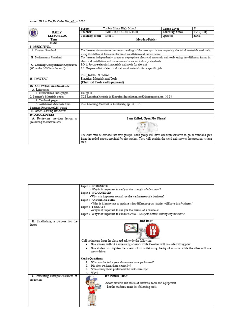 DLL for EIM Grade 11 - Quarter 1 | PDF | Learning | Teachers