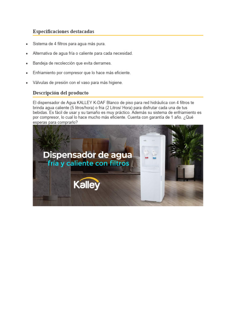 Dispensador de Agua Kalley con Filtros para Conectar a la Red Hidráulica