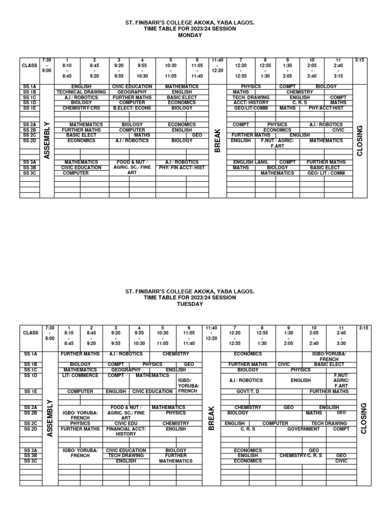 St. Finbarr's College 2023/24 Timetable | PDF | Natural Sciences ...