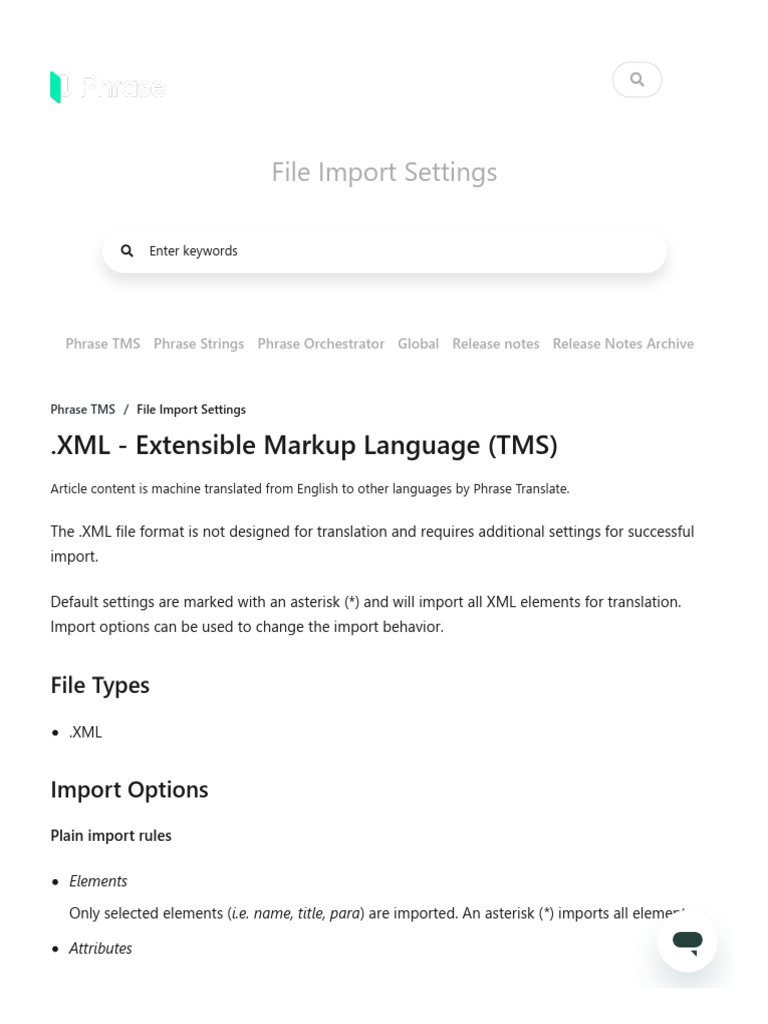 XML File Import Settings for Phrase TMS | PDF | Html Element | Xml