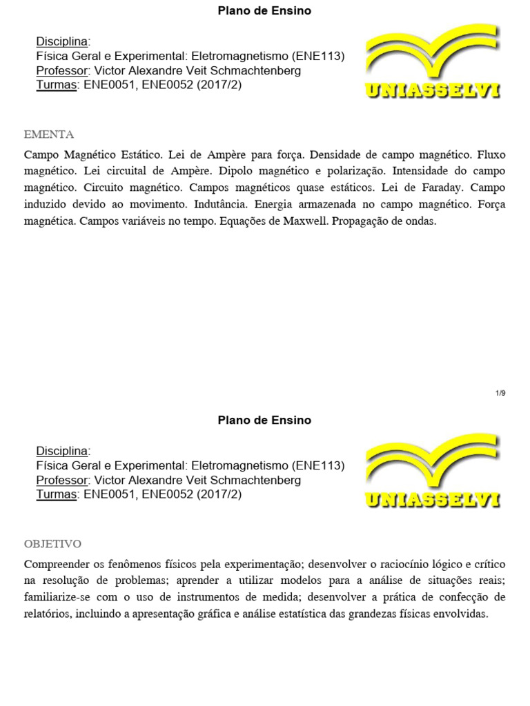 Plano de Ensino: Eletromagnetismo ENE113 | PDF | Magnetismo | Campo ...
