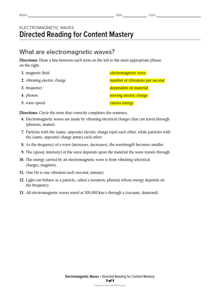 Directed reading for content mastery what are electromagnetic waves pdf