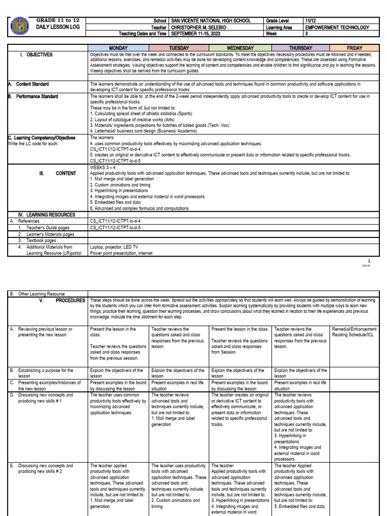 Week 3 Empowerment Tech Lesson Plan | PDF | Learning | Educational ...