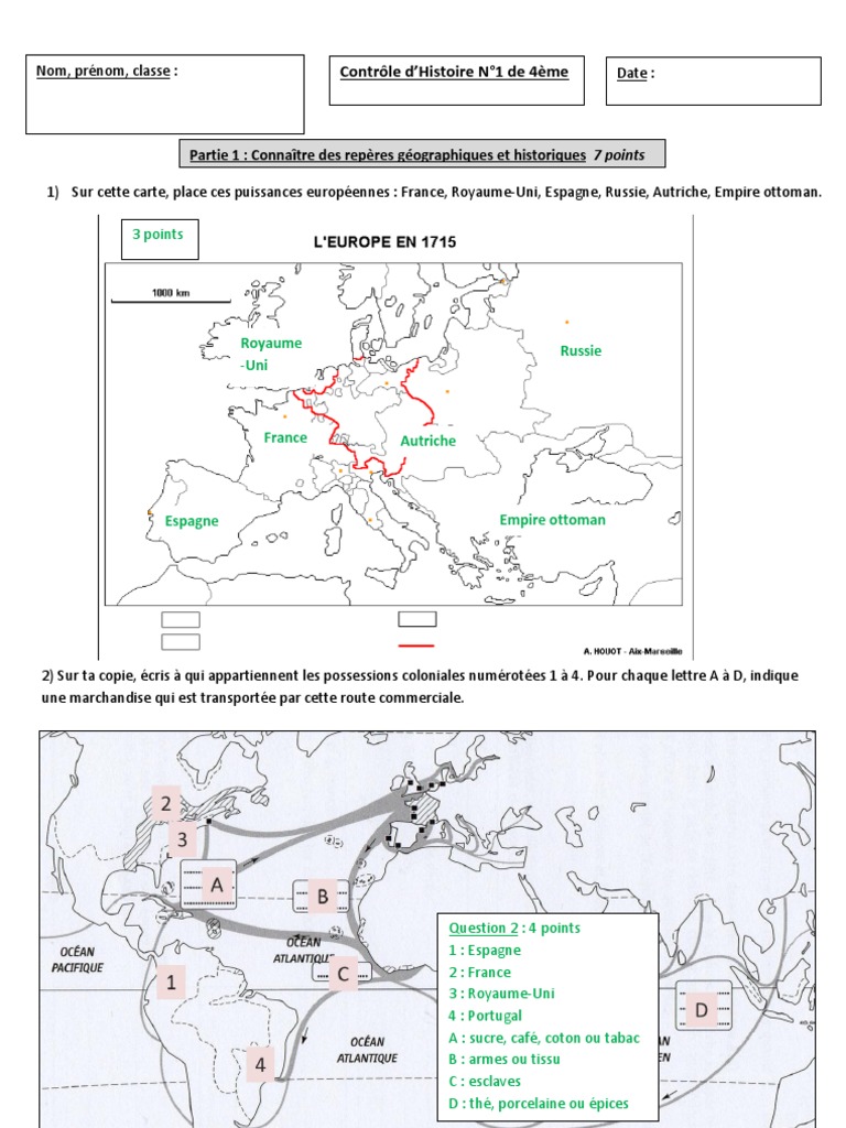 Evaluation 4eme Histoire Bourgeoisie Commerce Traite Et Esclavage Correction Contrôle Europe XVIIIème Traites Négrières | PDF | Histoire de l' esclavage | Travail forcé