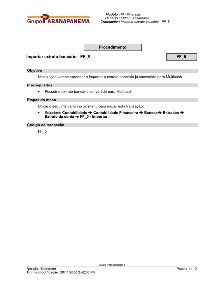 Importação de Extrato Bancário FF_5 | PDF | Tesouro | Informática