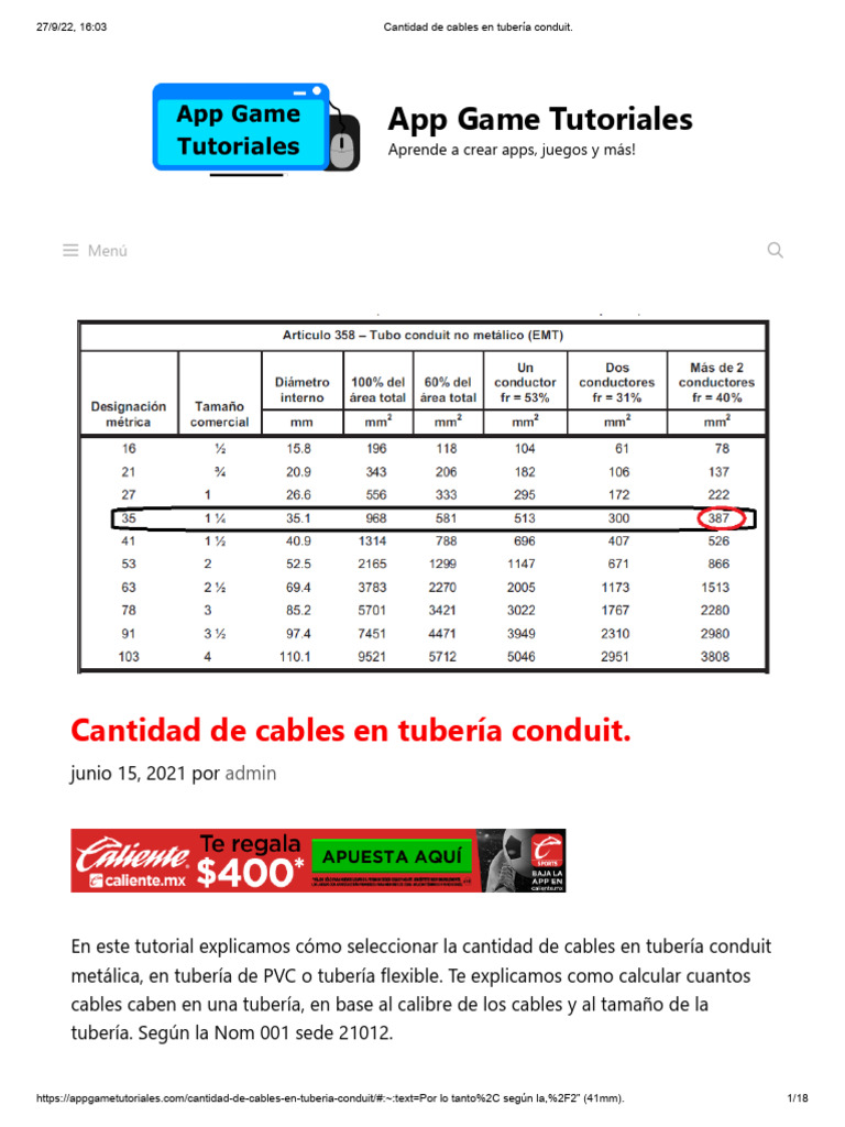 Tabla De Cables En Tuberia Conduit