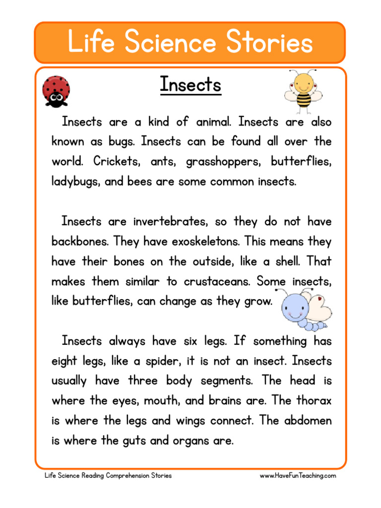 Life Science Stories Comprehension Insects Pdf