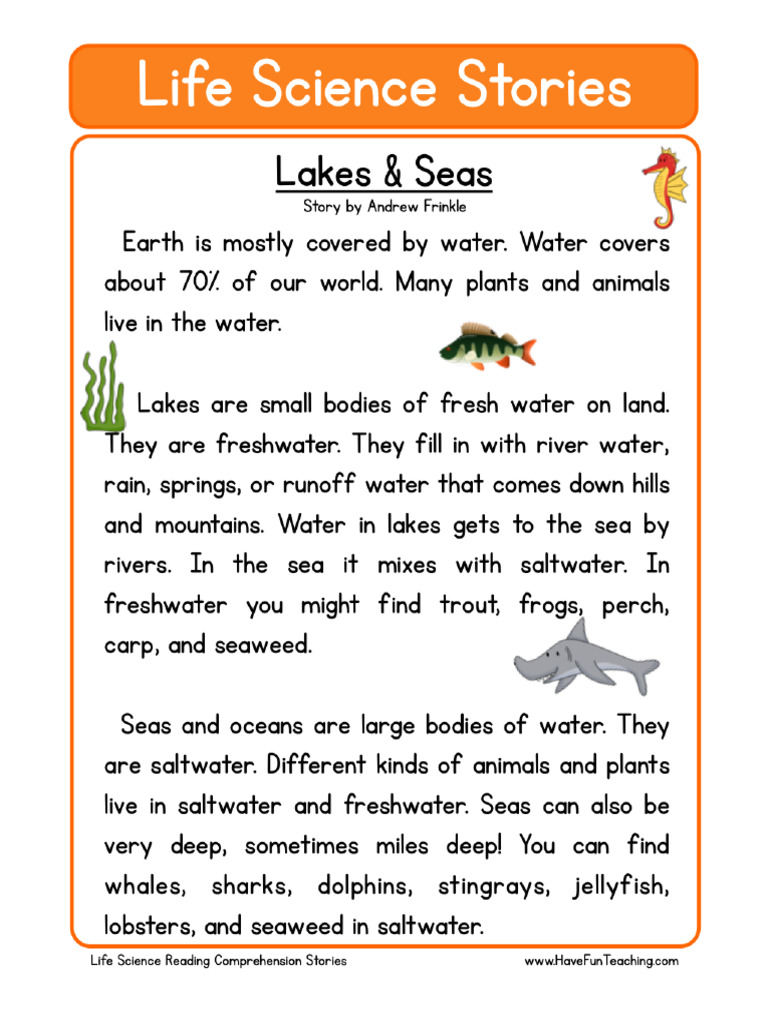Free Life Science Reading Comprehension Lakes Seas | PDF