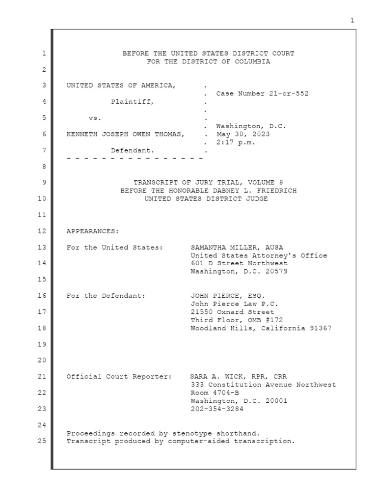 Kenneth Joseph Owen Thomas Transcript of Jury Trial Volume 8 | PDF ...