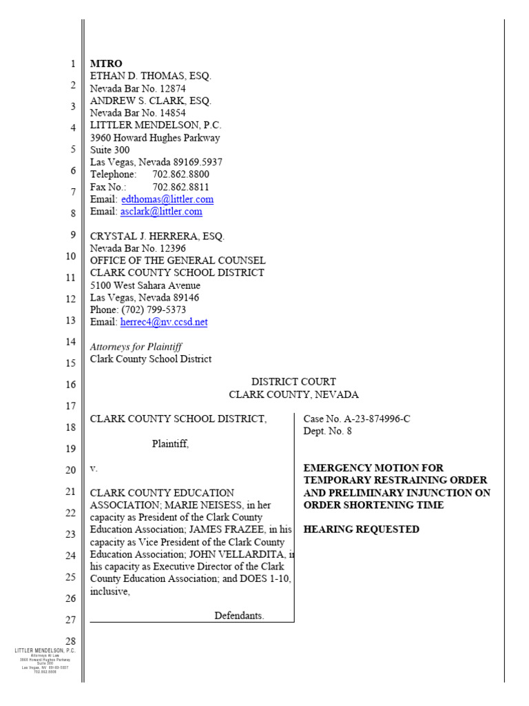 Emergency Motion for Injunction in CCSD Case | PDF | Injunction ...