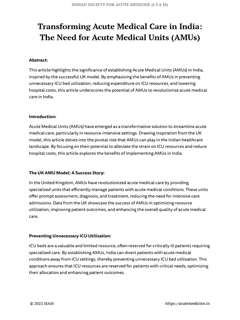 Acute Medical Units in India ISAM PDF Intensive Care Unit Hospital