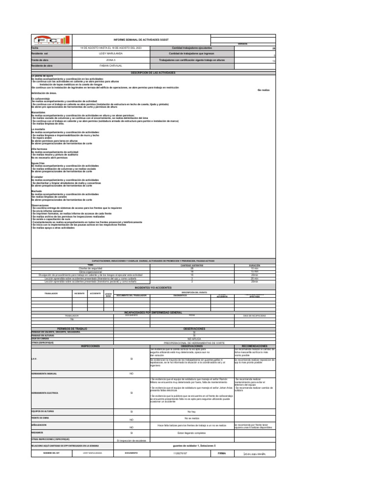 Sgsst gbg for 104 informe semanal de actividades sgsst 4 pdf