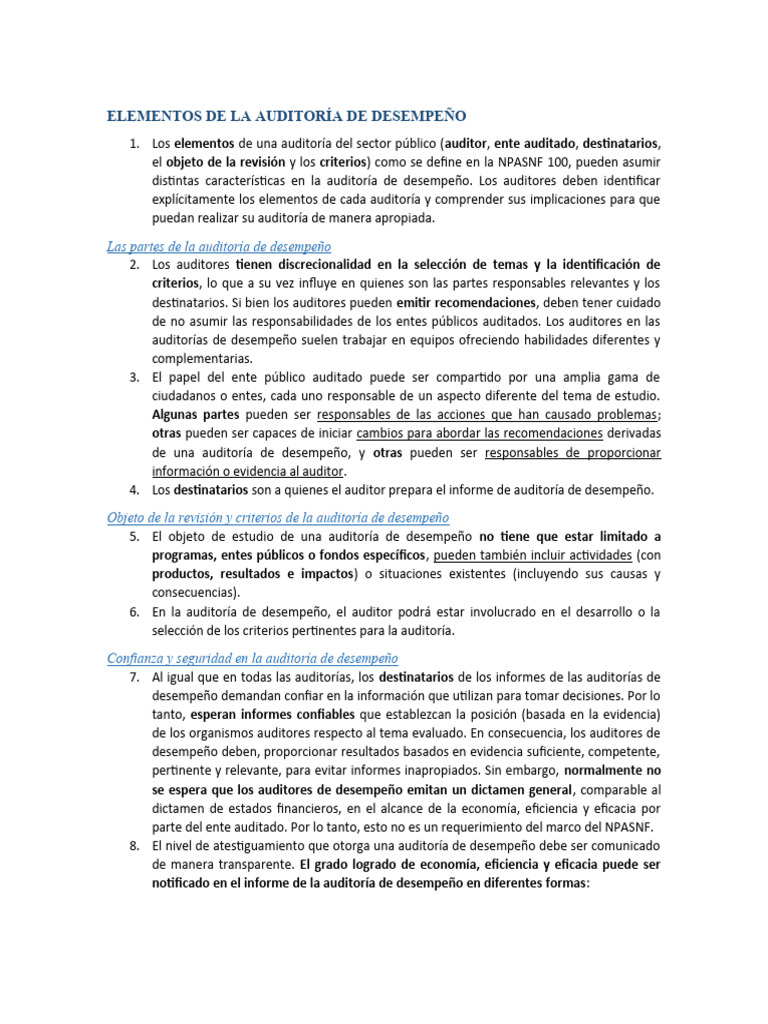 Elementos de La Auditoría de Desempeño | PDF | Auditoría | Contralor
