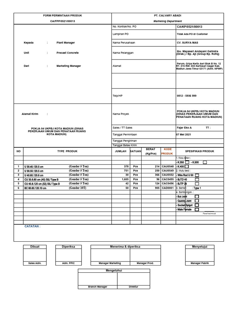 Form Permintaan Produk Precast Beton | PDF