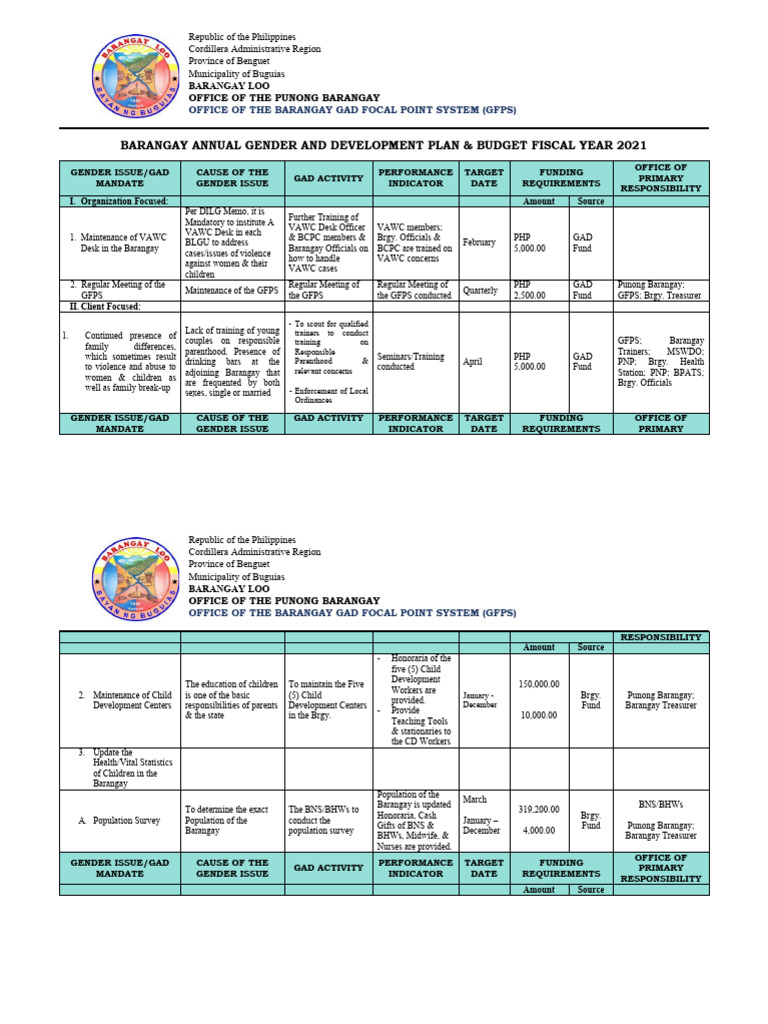 Barangay Annual Gender And Development Plan And Budget Sample