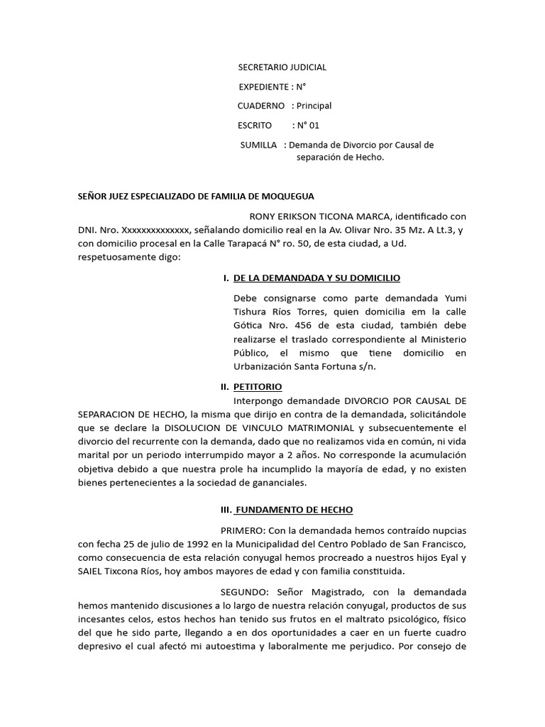 Demanda de Divorcio- Modelo 2023. | PDF | Divorcio | Familia