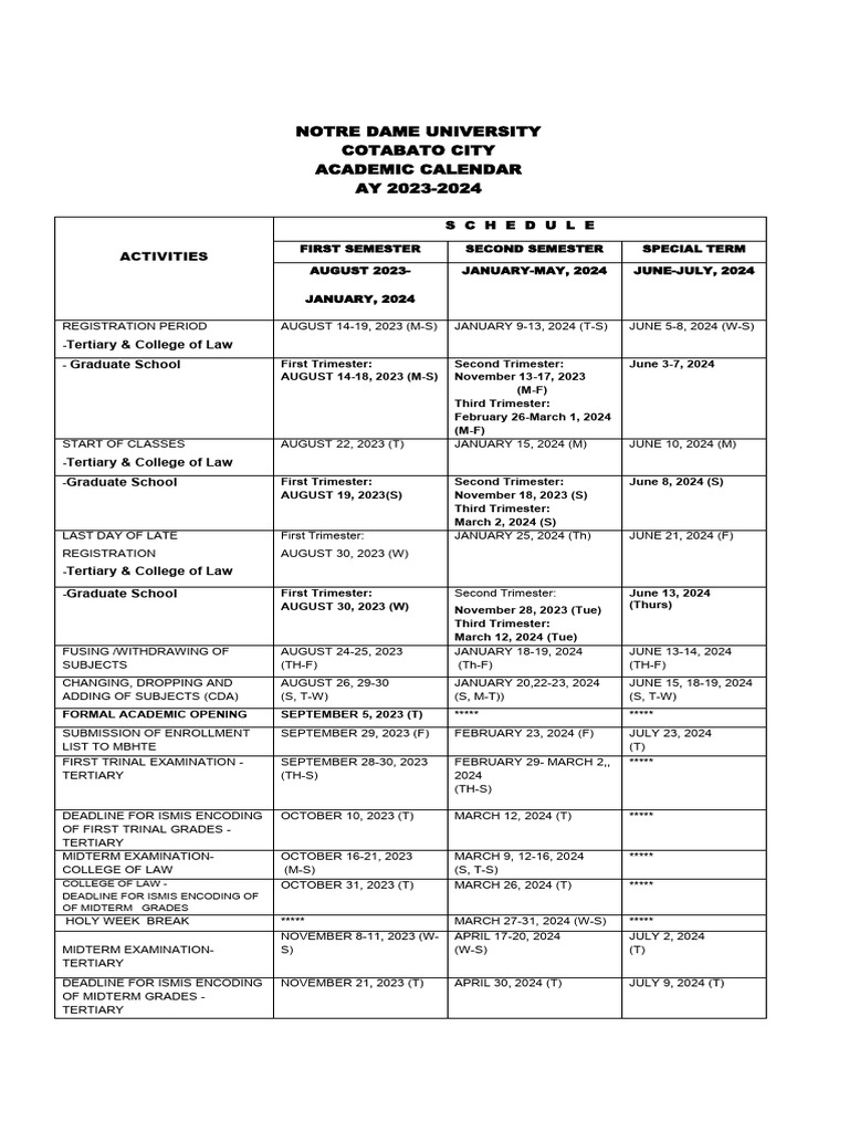 Notre Dame University Academic Calendar 2023-24 | PDF | Academic Term ...