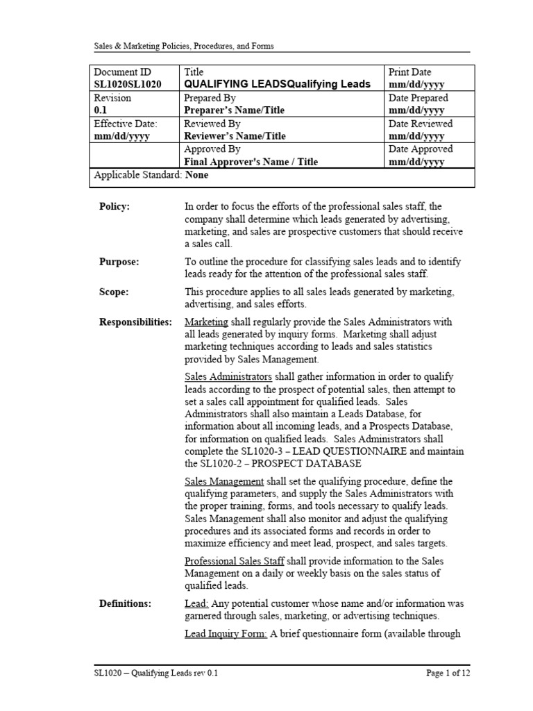 Lead Qualification Procedures Guide | PDF | Sales | Marketing