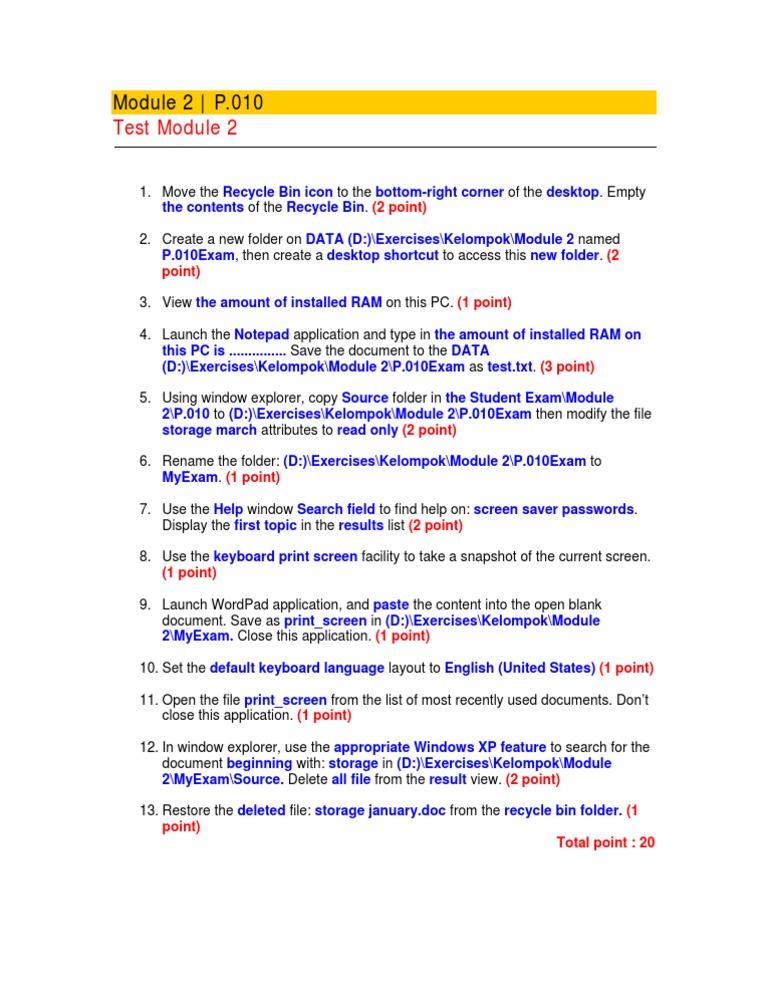 Windows XP Module 2 Exam Instructions | PDF