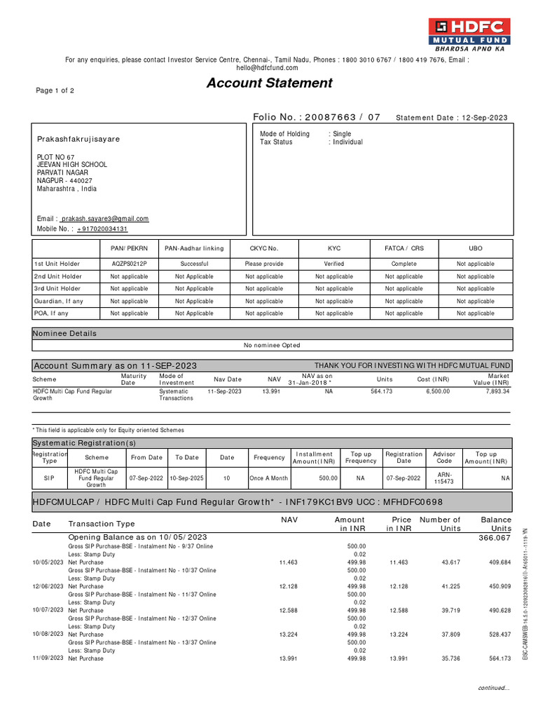 Account Statement: Folio No.: 20087663 / 07 | PDF | Banks | Exchange ...