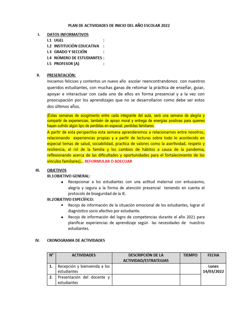 Propuesta Plan de Actividades de Inicio Del Año Escolar 2022 | PDF ...