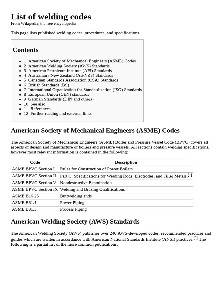 List of Welding Codes 01 PDF Welding Construction