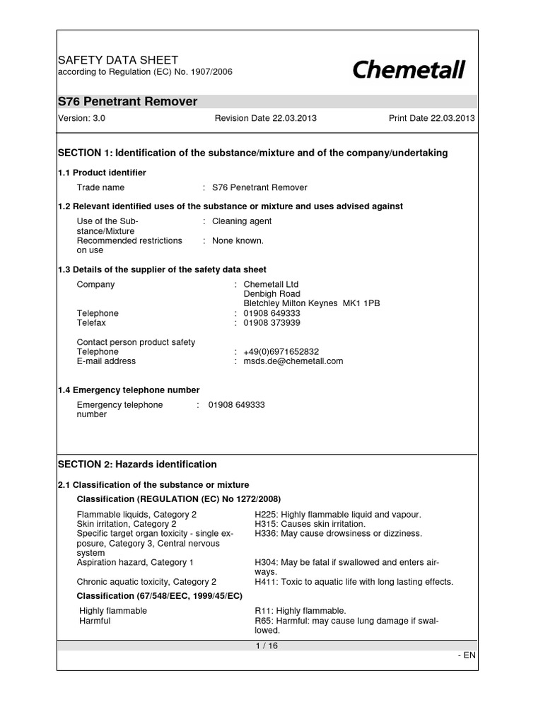 S76 Penetrant Remover Safety Data Sheet | PDF | Dangerous Goods | Toxicity