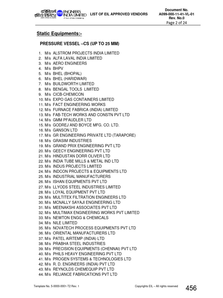 Common Approved Vendor List EIL PDF Siemens Companies