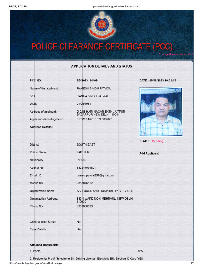 Delhi Police PCC Application Status | PDF | Government And Personhood ...