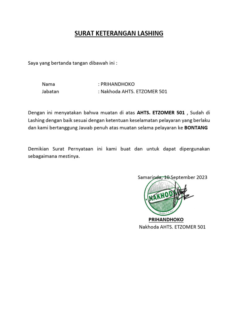 Surat Keterangan Lashing AHTS ETZOMER 501 | PDF