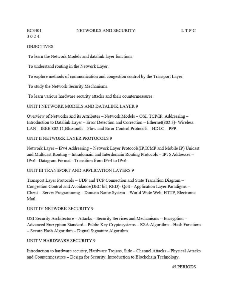 EC3401 NETWORKS AND SECURITY Syllabus | PDF | Computer Network | Osi Model