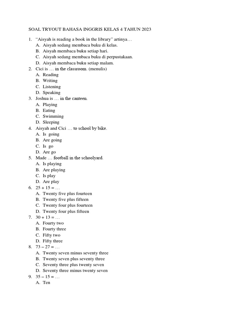 Soal Tryout Bahasa Inggris Kelas 4 | PDF | Language Arts & Discipline