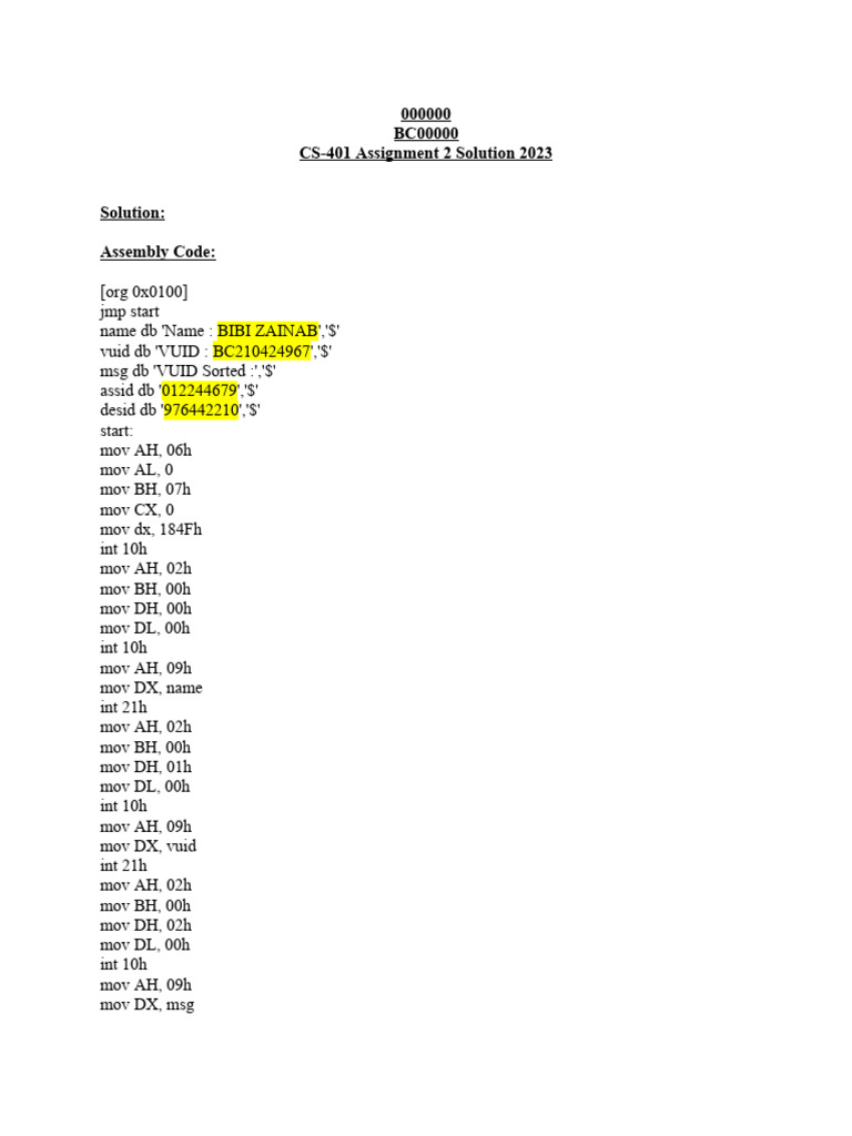 Assembly Code Solution CS-401 2023 | PDF